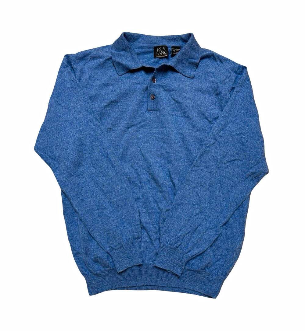 Jos. A. Bank Merino Wool Knit Pullover Sweater Blue Solid Collared Button Men
